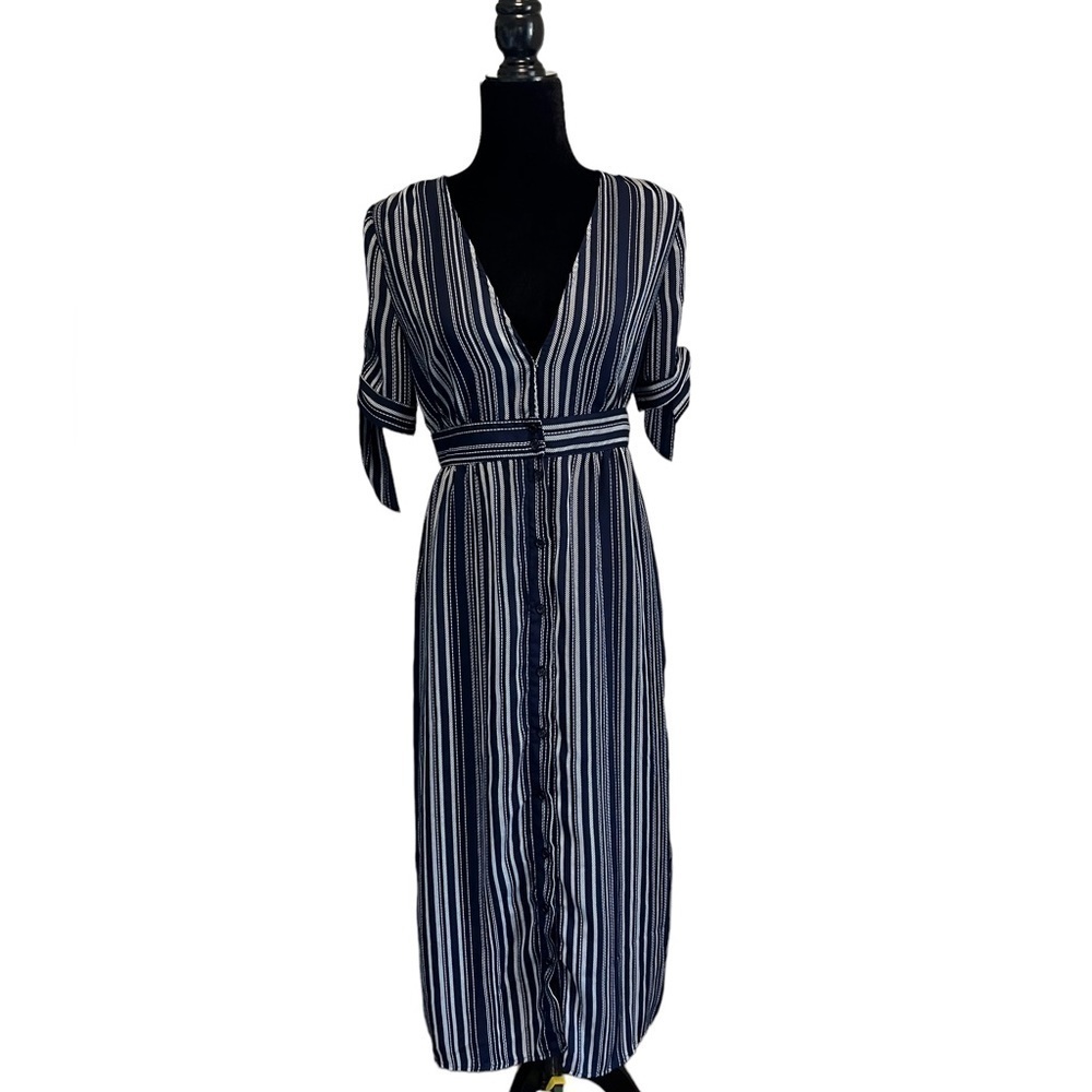 She & Sky Button Down Navy Striped Maxi Dress